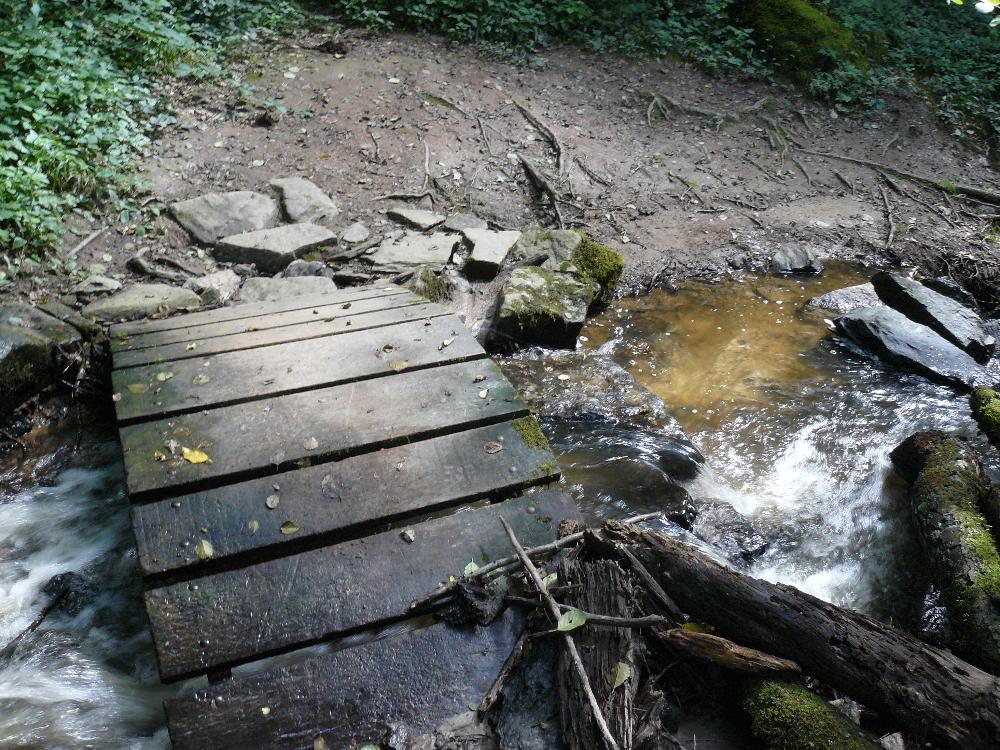 On ne serait pas en train de passer sur un petit pont au bois glissant sous lequel passe un torrent, bordé d'un sentier bien boueux.